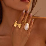 Stainless Steel Gold Plated Waterproof Big Pearl Bow Open Ring for Women