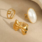 Stainless Steel Gold Plated Waterproof Big Pearl Bow Open Ring for Women - 图片 2