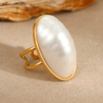 Stainless Steel Gold Plated Waterproof Big Pearl Bow Open Ring for Women - 图片 3