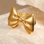 Stainless Steel Gold Plated Waterproof Big Pearl Bow Open Ring for Women - 图片 4