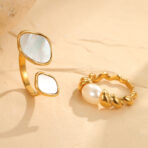 Shell Pearl Stainless Steel Rings Elegant Open Adjustable 18K Gold Plated - 图片 2