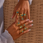 18K Gold Stainless Steel Ring with Blue Cubic Zirconia Waterproof