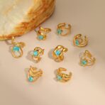 18K Gold Stainless Steel Ring with Blue Cubic Zirconia Waterproof - 图片 2