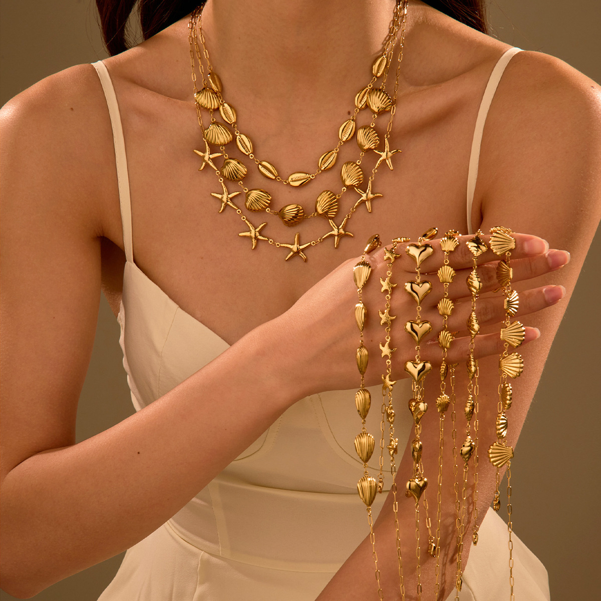 8 Shells Scallops Starfish Heart Conch Pendant Stainless Steel Necklace Set - 图片 1