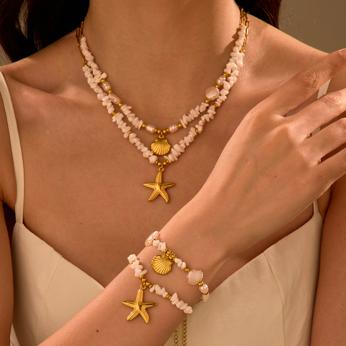 D 18K Gold Stainless Steel Starfish Pearl Beaded Necklace and Bracelet Set - 图片 1