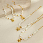 18K Gold Stainless Steel Starfish Pearl Beaded Necklace and Bracelet Set - 图片 2