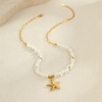 18K Gold Stainless Steel Starfish Pearl Beaded Necklace and Bracelet Set - 图片 3