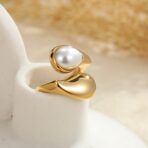 Stainless Steel Gold Plated Waterproof Water Drop Natural Stone Pearl Ring for Women - 图片 4