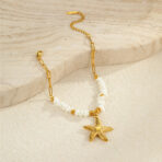 18K Gold Stainless Steel Starfish Pearl Beaded Necklace and Bracelet Set - 图片 4