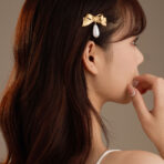 Stainless Steel Bow Hair Clips for Women Gold Plated with Pearl