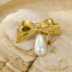 Stainless Steel Bow Hair Clips for Women Gold Plated with Pearl - 图片 2