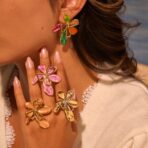 Double Layer Flower Enamel Pvd 18k Gold Plated Stainless Steel Ring