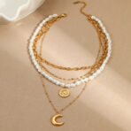 Gold Stainless Steel Pearl Layered Necklace Set - 图片 2