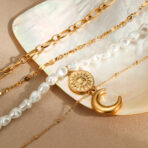 Gold Stainless Steel Pearl Layered Necklace Set - 图片 3