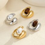 Stainless Steel Gold Plated Waterproof Water Drop Natural Stone Pearl Ring for Women - 图片 3